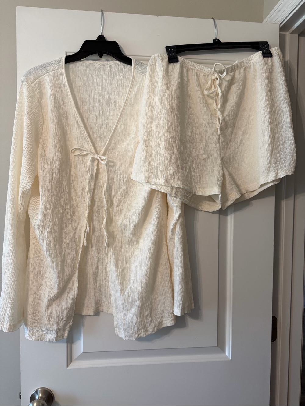 Women's Cream Swim Coverup Set — Tie-Front Top & Drawstring Shorts